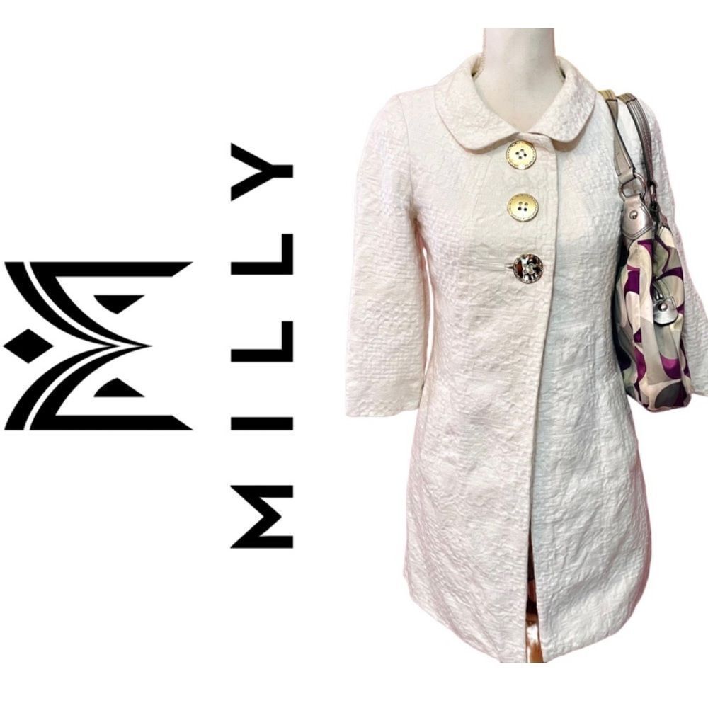 Milly White Brocade Gold Button 3/4 Sleeve Dress Coat